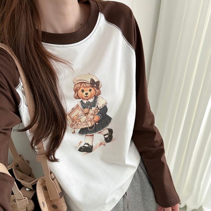 秋季新款插肩袖卡通小熊 全棉宽松显瘦百搭圆领长袖T恤女打底小衫