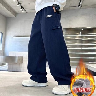 男童加绒加厚休闲裤冬季保暖中大童深蓝色灯芯绒运动裤男童裤子冬