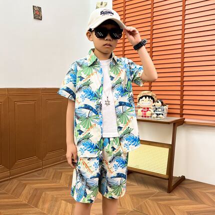 男童夏威夷风纯棉衬衫套装夏季热带印花短袖两件套沙滩度假洋气薄