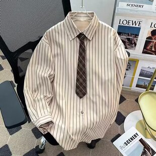 日系复古条纹衬衫外套男款宽松痞帅长袖衬衣春秋季设计感领带上衣