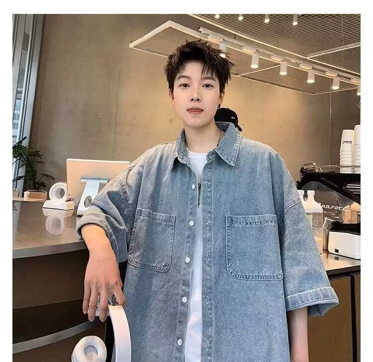 港风复古牛仔衬衫夏季男款潮牌短衬衫