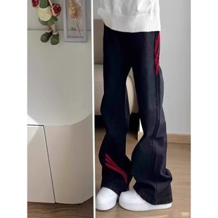 斜杠三条纹红黑撞色拼接显瘦微喇牛仔裤小众设计感美式工装直筒裤