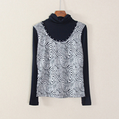 新品 打底衫 女装 春秋款 长袖 高领休闲风拼接钉珠T恤衫 上衣服时尚 潮