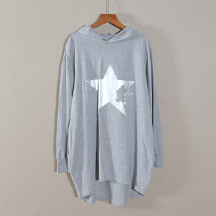 新品 休闲风印花连帽T恤衫 女装 长袖 上衣服百搭潮 宽松中长款 春秋款