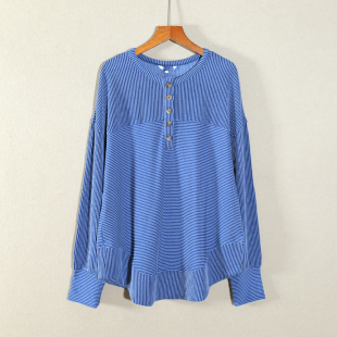 T恤女宽松休闲百搭松弛风上衣潮 蓝色条纹圆领长袖 2026年春季 新款