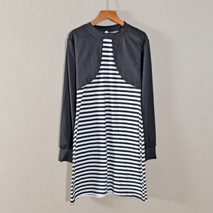 新款 直筒裙立领连衣裙子时尚 女装 拼接条纹休闲风长袖 中长款 春秋季