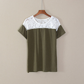 新品 女装 短袖 2024年夏款 圆领蕾丝拼接休闲风T恤衫 宽松上衣服潮流