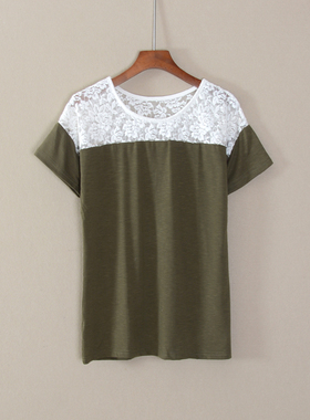 2024年夏款新品女装短袖圆领蕾丝拼接休闲风T恤衫宽松上衣服潮流