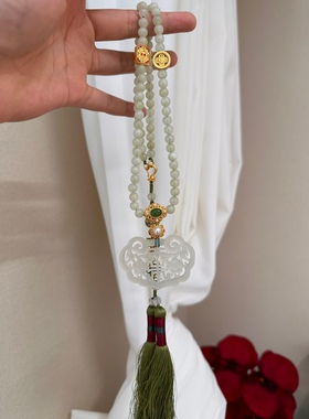 绿色背云璎珞岫玉牌汉服长项链新中式项圈项链毛衣链