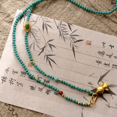 新中式绿松石项链黄金吊坠百搭挂链万能链可拆卸小米珠长款毛衣链