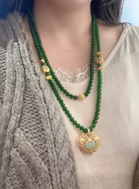 秋季新款天然绿珠套链可拆卸毛衣链项链多圈手串沙金925如意吊坠