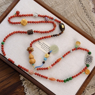 新中式复古珊瑚红珐琅彩串珠项链莲花小众高级感毛衣链斜挎链