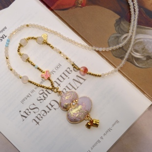 新中式旗袍配饰宋锦粉葫芦吊坠项链长款女饰品