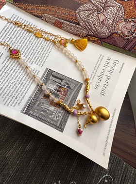 热卖鉴刻葫芦烧蓝提溜白圆珠可调节古法沙金配件项链毛衣链女