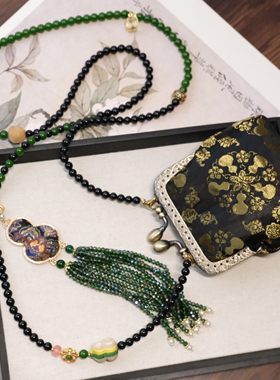 新中式国风长款绿流苏黑金包斜挎包包链斜挎链背背链项链的配饰