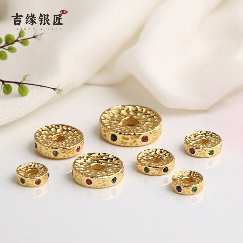 古法金925银镀金锤纹镶钻隔珠隔片diy手工饰品配件散珠手链材料