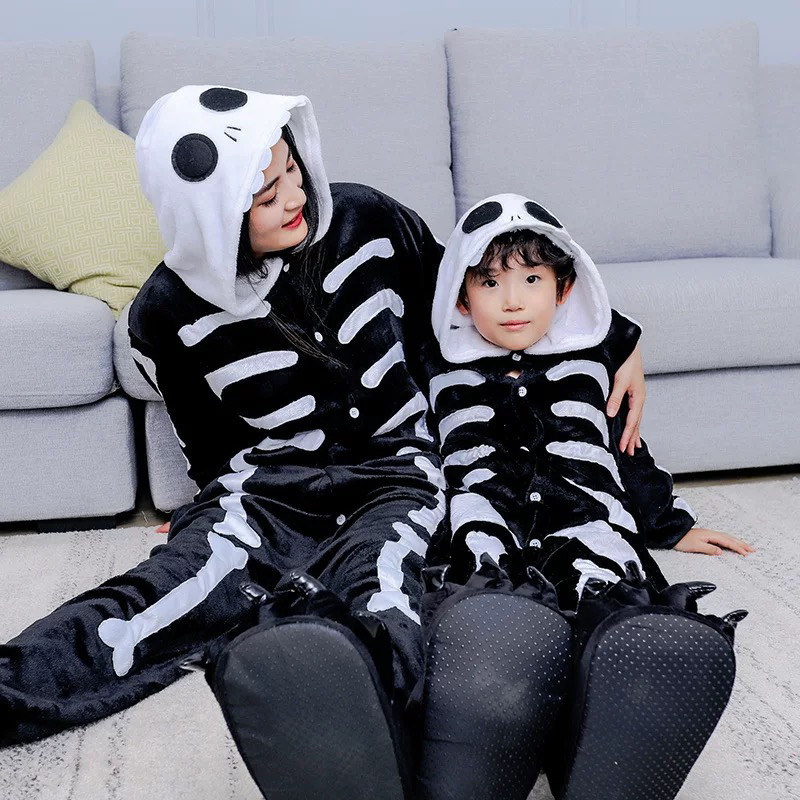 FLANNEL CARTOON ANIMAL ONE-PIECE PAJAMAS SKELETON BLACK WINTER LONG SLEEVE WARM HOME KIDS TOILET VERSION LOUNGEWEAR