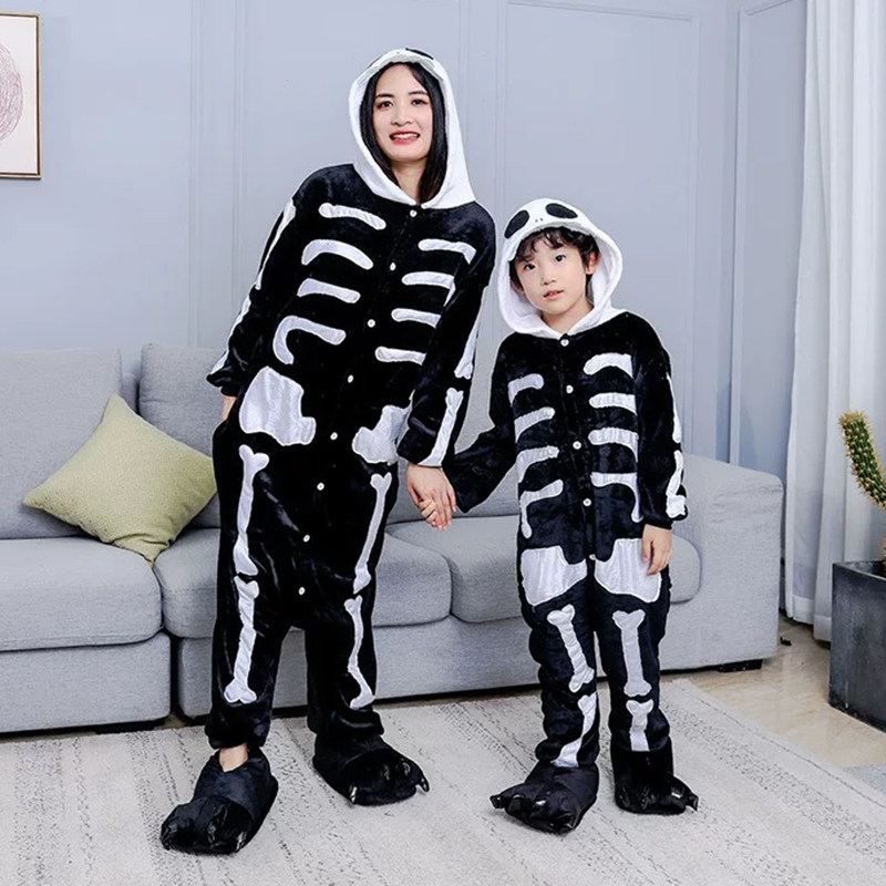 FLANNEL CARTOON ANIMAL ONE-PIECE PAJAMAS SKELETON BLACK WINTER LONG SLEEVE WARM HOME KIDS TOILET VERSION LOUNGEWEAR