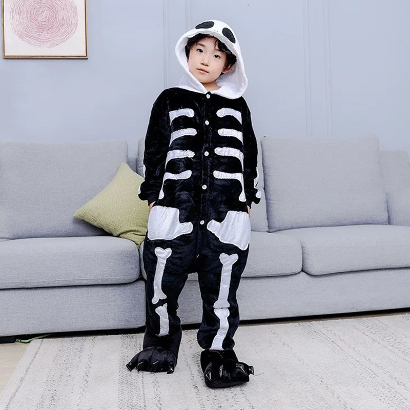 FLANNEL CARTOON ANIMAL ONE-PIECE PAJAMAS SKELETON BLACK WINTER LONG SLEEVE WARM HOME KIDS TOILET VERSION LOUNGEWEAR