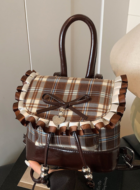 小众设计甜美风双肩包女2026新款秋季时尚复古格纹学生背包通勤包