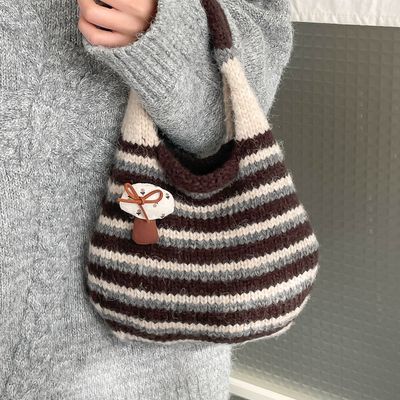 韩系条纹针织手拎包女