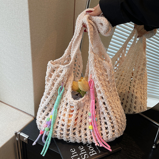 休闲慵懒风编织包女式 百搭大容量度假针织单肩托特包 2025新款 夏季