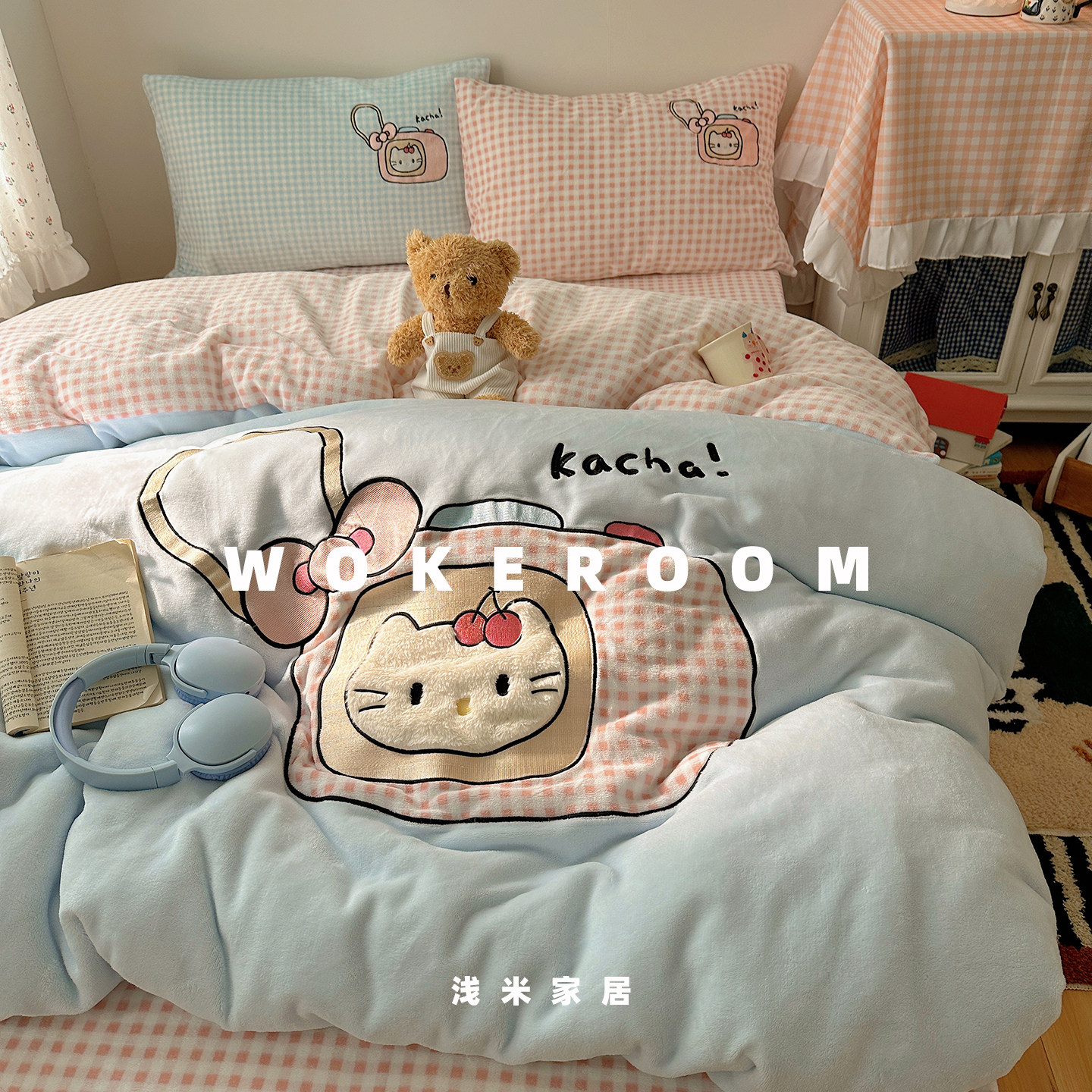 A类喵喵少女风卡通贴布绣牛奶绒四件套 可爱冬季保暖发热被套床笠,床上用品,床品套件/四件套/多件套,淘宝优惠券,粉丝福利购,淘宝优惠卷