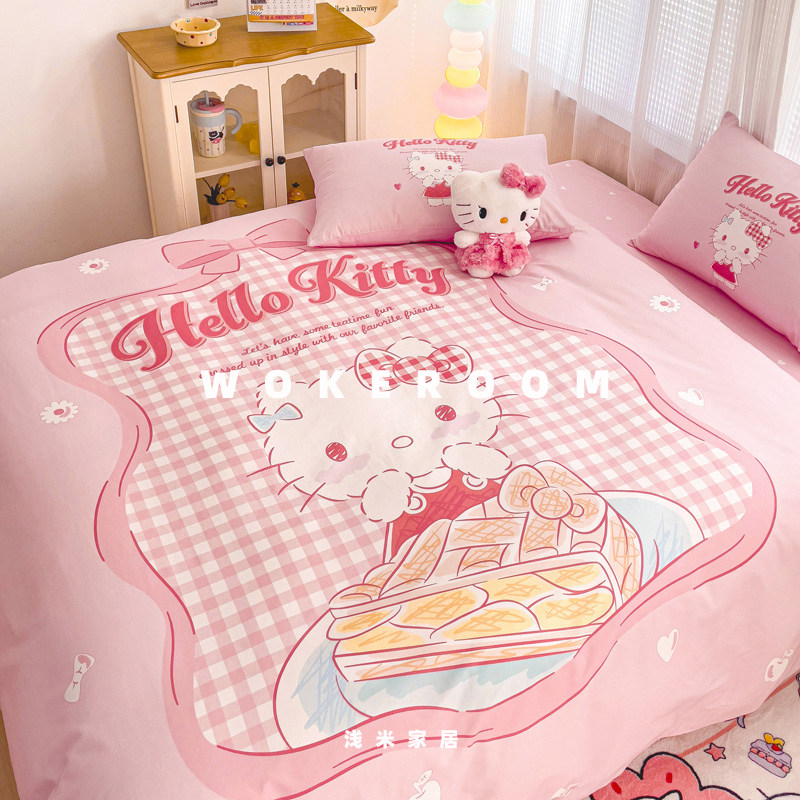 正版授权 Hellokitty系列 卡通可爱纯棉四件套女生宿舍床品床笠款