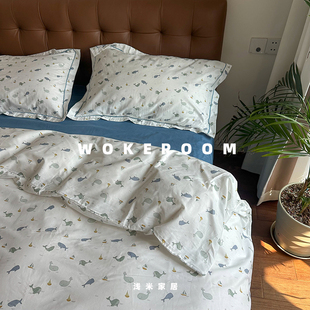 住在蓝色海洋里 小鲸鱼卡通儿童房1.2m床全棉三件套 纯棉可爱床笠