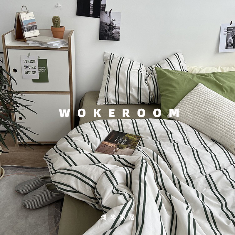 条纹复古床品纯棉水洗棉四件套
