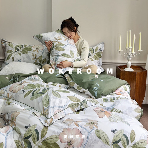 美式植物铂金纯棉斜纹加厚四件套