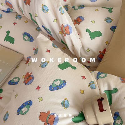 新生儿可用 A类母婴级双层纱全棉四件套男孩款遨游太空床品床笠款