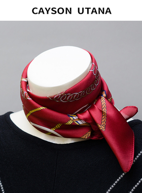 酒红色百搭秋冬季韩版小方巾丝巾女韩国锻装饰小围巾年会礼物