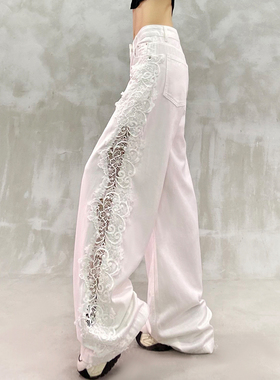 帅气蕾丝破洞拼接休闲白色牛仔裤女夏新款高腰宽松显瘦百搭阔腿裤
