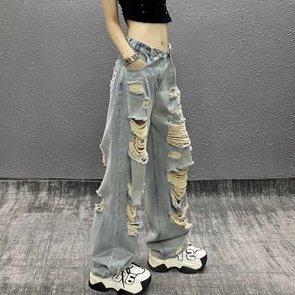 帅气前后破洞设计休闲牛仔裤女夏新款高腰宽松显瘦百搭直筒阔腿裤