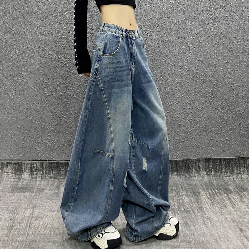 气拼接破洞宽松休闲牛仔裤女