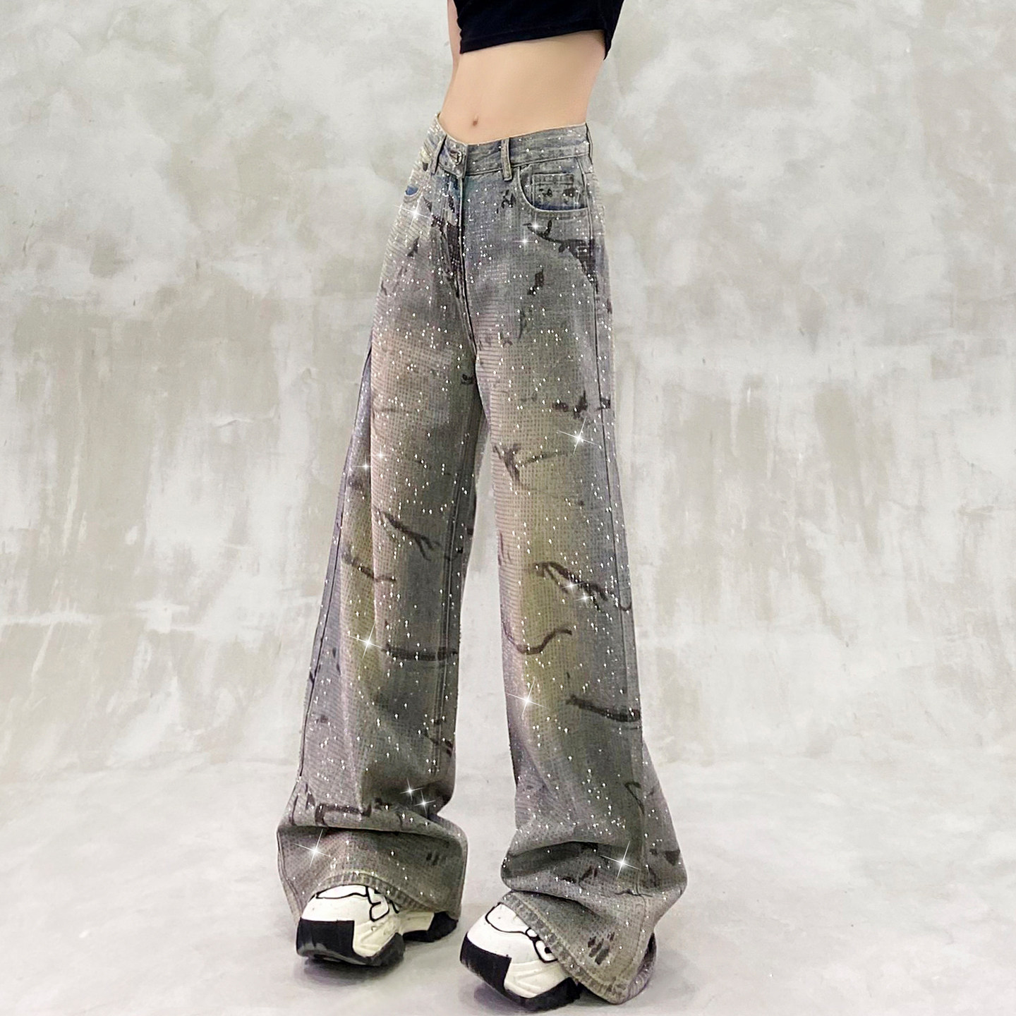 炫酷闪亮烫钻休闲牛仔裤女秋新款高腰宽松显瘦百搭直筒阔腿拖地裤,女装/女士精品,牛仔裤,淘宝优惠券,粉丝福利购,淘宝优惠卷