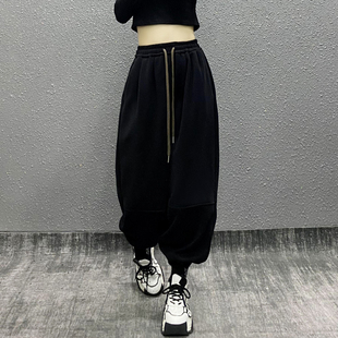 高腰宽松显瘦百搭束脚卫裤 女秋新款 子 抽绳拼接运动休闲灯笼裤 个性