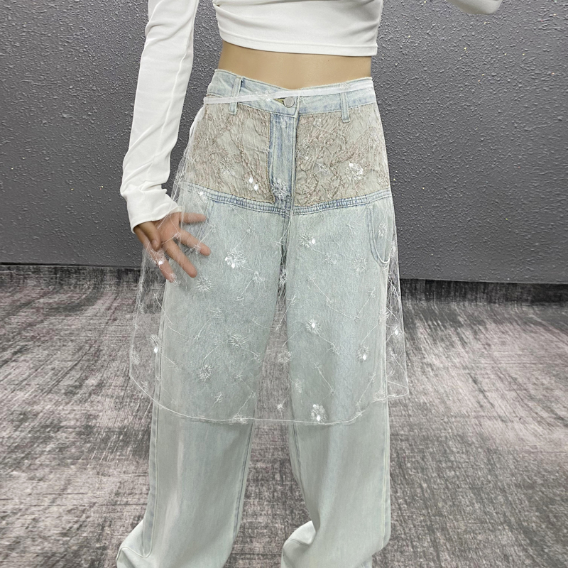 个性设计新款百搭叠穿蕾丝花朵亮片透视绑带系带一片式围裙半身裙