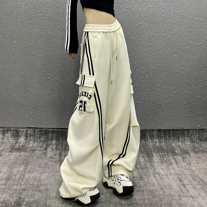 美式条纹拼色宽松弯刀休闲裤