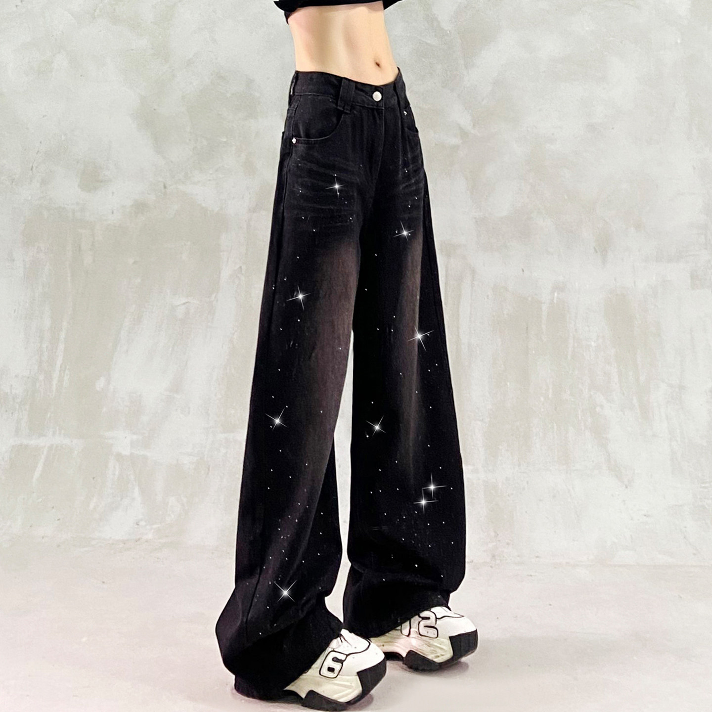 扎染色水洗亮片休闲牛仔裤女春新款高腰宽松显瘦百搭直筒阔腿裤子,女装/女士精品,牛仔裤,淘宝优惠券,粉丝福利购,淘宝优惠卷