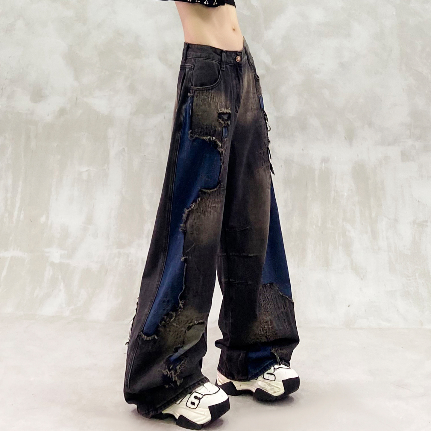 拼接设计感水洗加绒牛仔裤女