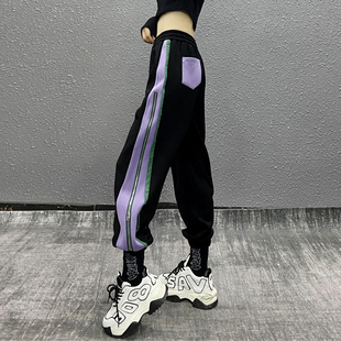高腰宽松显瘦束脚卫裤 女冬新款 子 侧边拼色拉链加绒休闲运动裤 个性