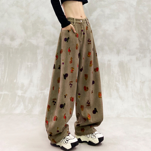 高腰宽松显瘦百搭直筒香蕉裤 印花设计加绒休闲牛仔弯刀裤 女冬新款