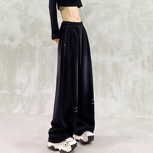 高腰宽松显瘦百搭直筒香蕉裤 帅气拼接设计黑色休闲弯刀裤 女春新款