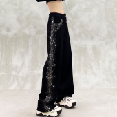 高腰宽松显瘦百搭直筒裤 闪亮侧边烫钻设计黑色休闲牛仔裤 女春新款