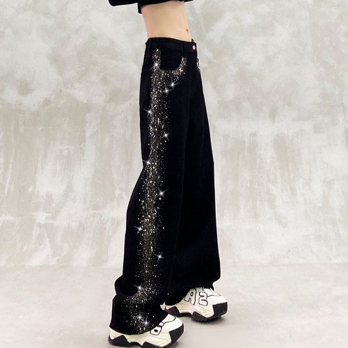 闪亮侧边烫钻设计黑色休闲牛仔裤