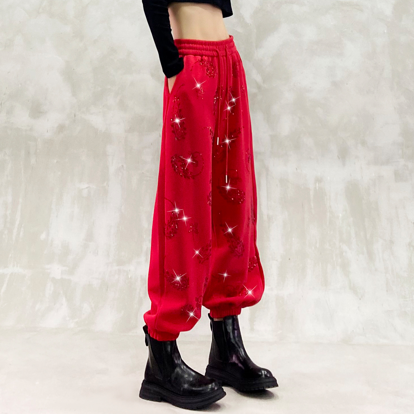 闪亮烫钻加绒加厚休闲裤女