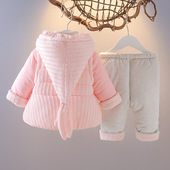 棉保暖套装 女童2022新款 12月女宝宝冬季 棉服三件套6 加厚带帽冬装