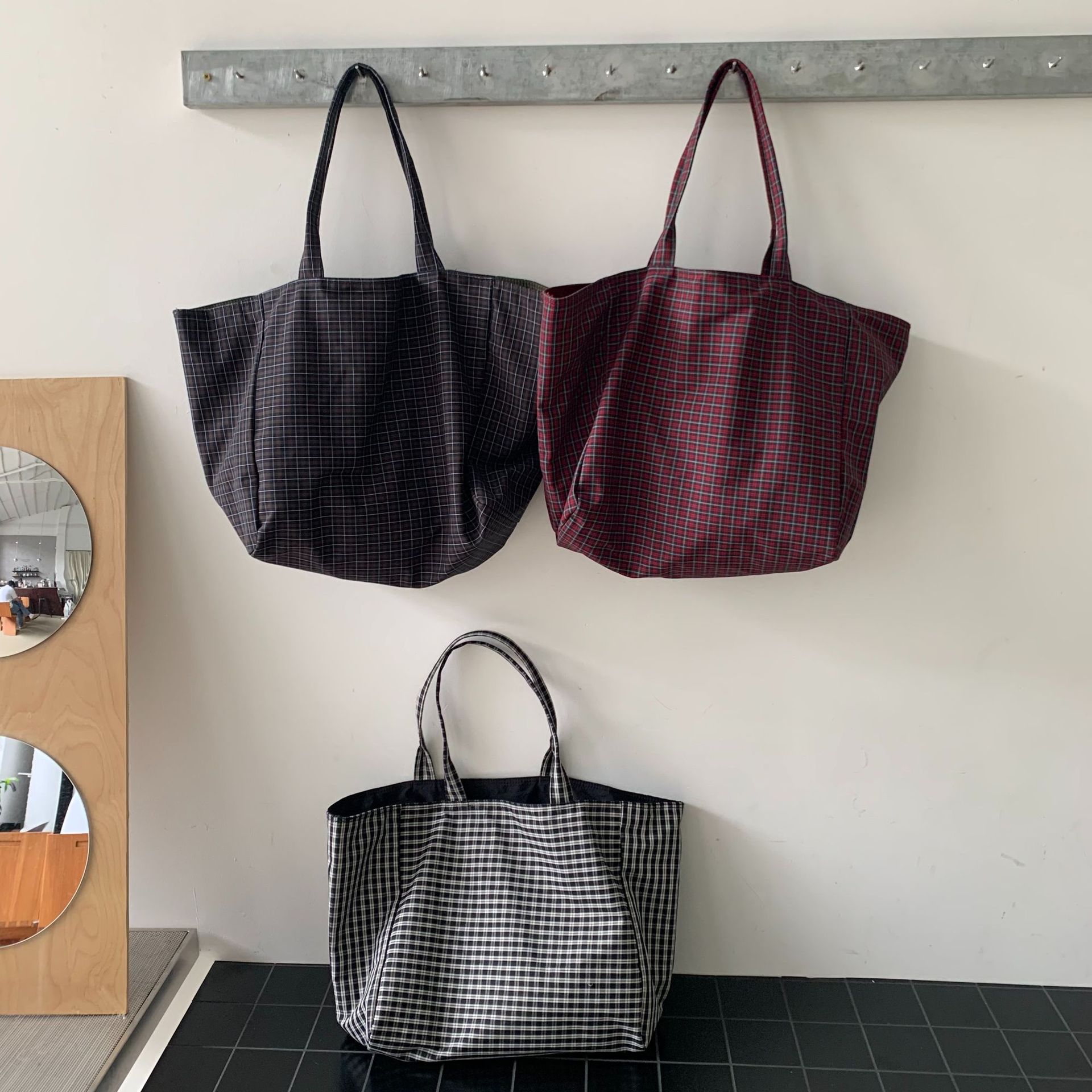 包包女复古格纹单肩托特包